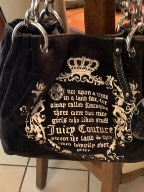 Royal Juicy Couture Black Leather and Thick Brown Velvet Bag with Silver Chain.
